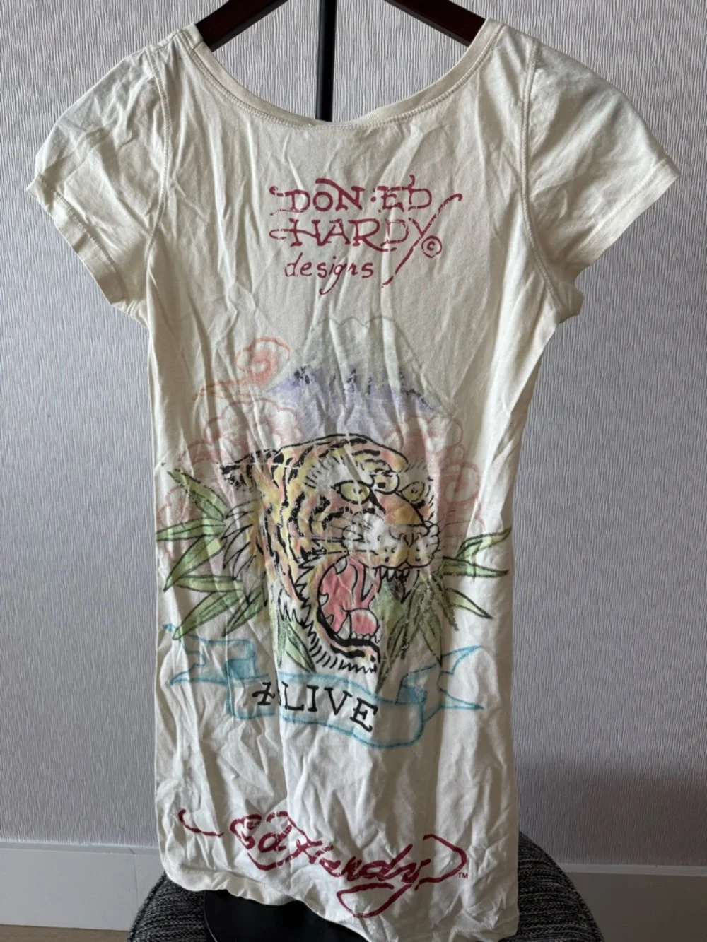 Ed Hardy Cream Tee Dress with Blue Swirl and Coral Accents - Picture 2 of 3